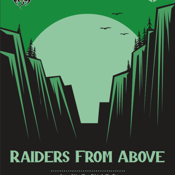 front cover of Raiders from Above. Green and black sillouette style image of a cliff, a large dun and some small birds