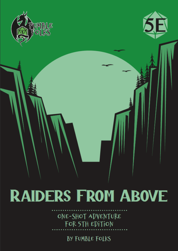 front cover of Raiders from Above. Green and black sillouette style image of a cliff, a large dun and some small birds